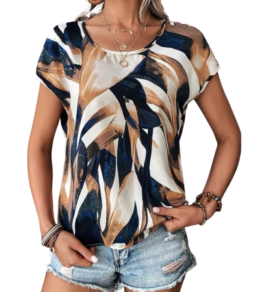 Multi color print blouse with cap sleeve