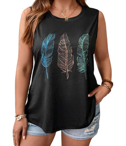 Plus size and regular size black feather print tank top