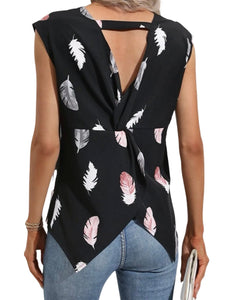 Feather print blouse with cut out twisted back