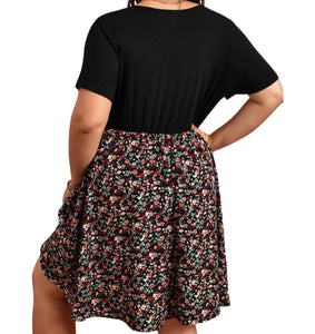 Plus size black ditsy floral print a-line dress