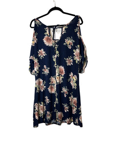 Cold shoulder floral navy tie up dress