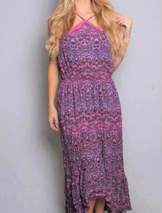 High/low purple multi color halter style dress