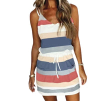 Load image into Gallery viewer, Striped dress with pockets and tie up straps on shoulders
