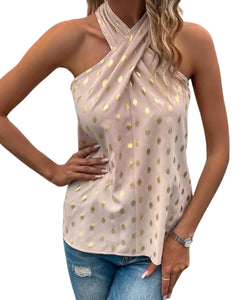 Khaki gold dot crossover blouse