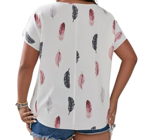 Plus size white feather print blouse