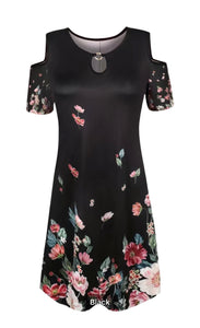 Black floral print cold shoulder dress