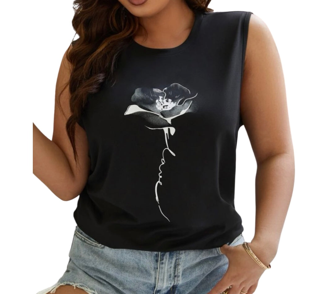 Plus size black tank top with floral print