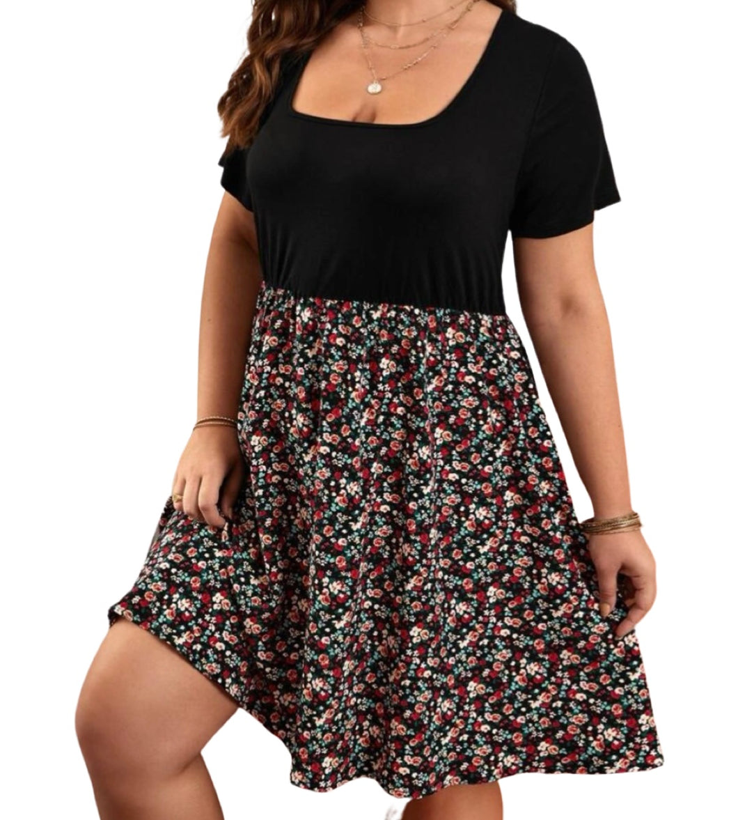 Plus size black ditsy floral print a-line dress