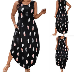 Plus size feather print dress with side pockets