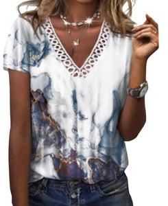 White marble print top with lace insert