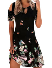 Load image into Gallery viewer, Black floral print cold shoulder dress
