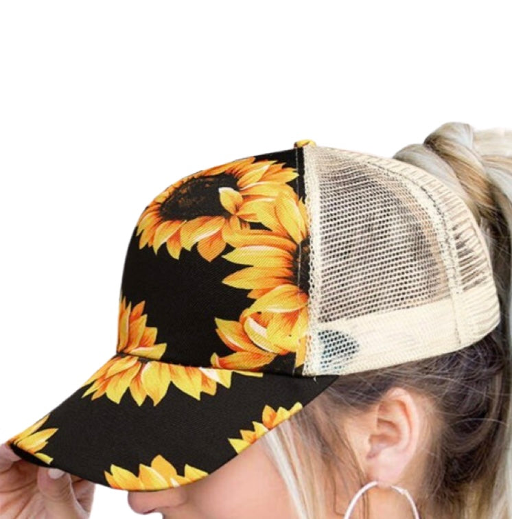 Sunflower print ponytail hat