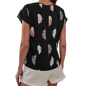 Black feather print v-neck blouse