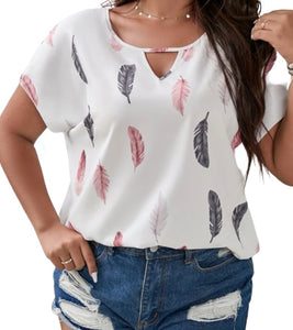 Plus size white feather print blouse