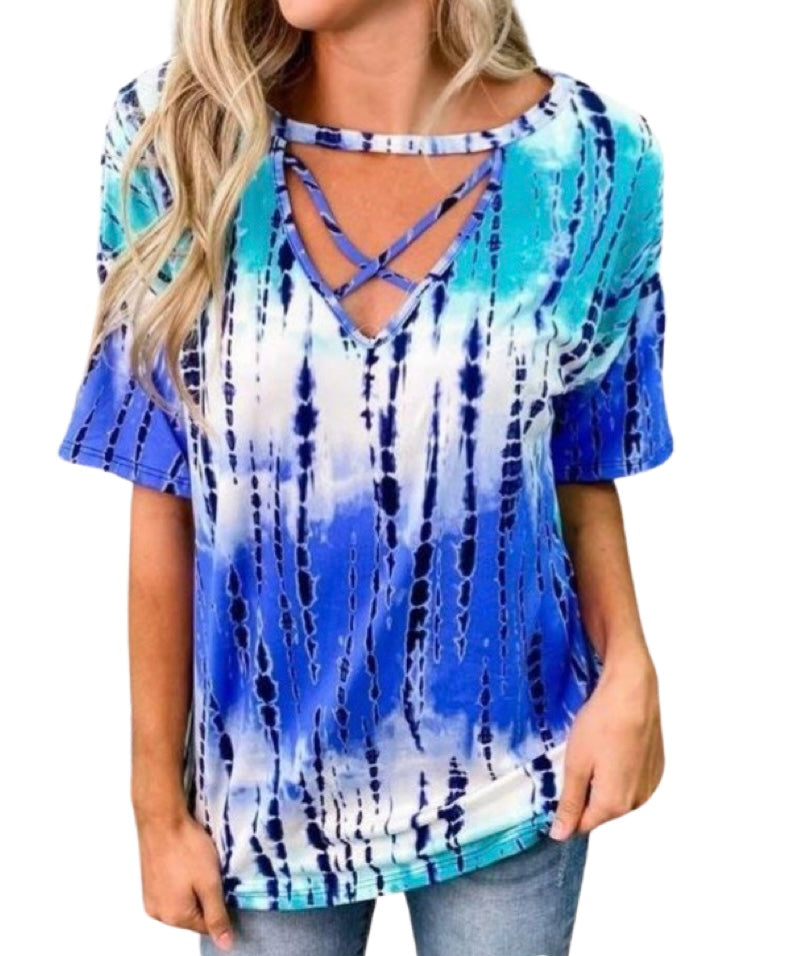 Tie dye loose fitting criss cross blouse