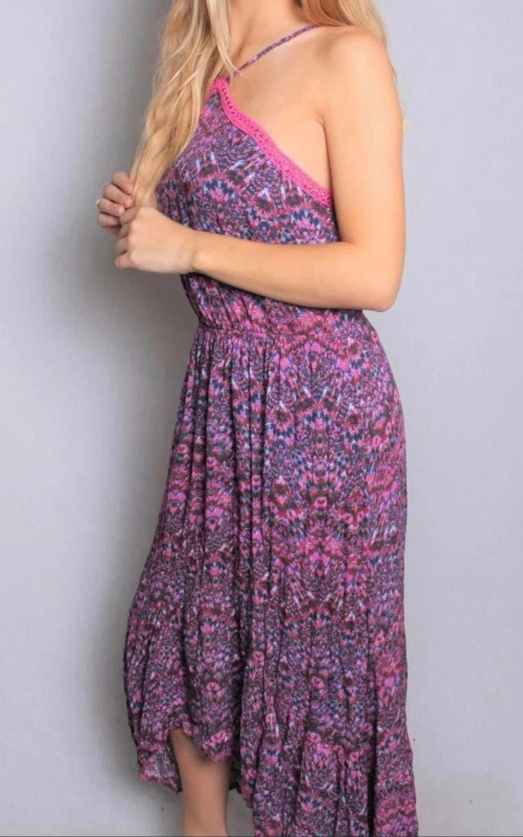 High/low purple multi color halter style dress