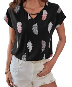 Black feather print v-neck blouse