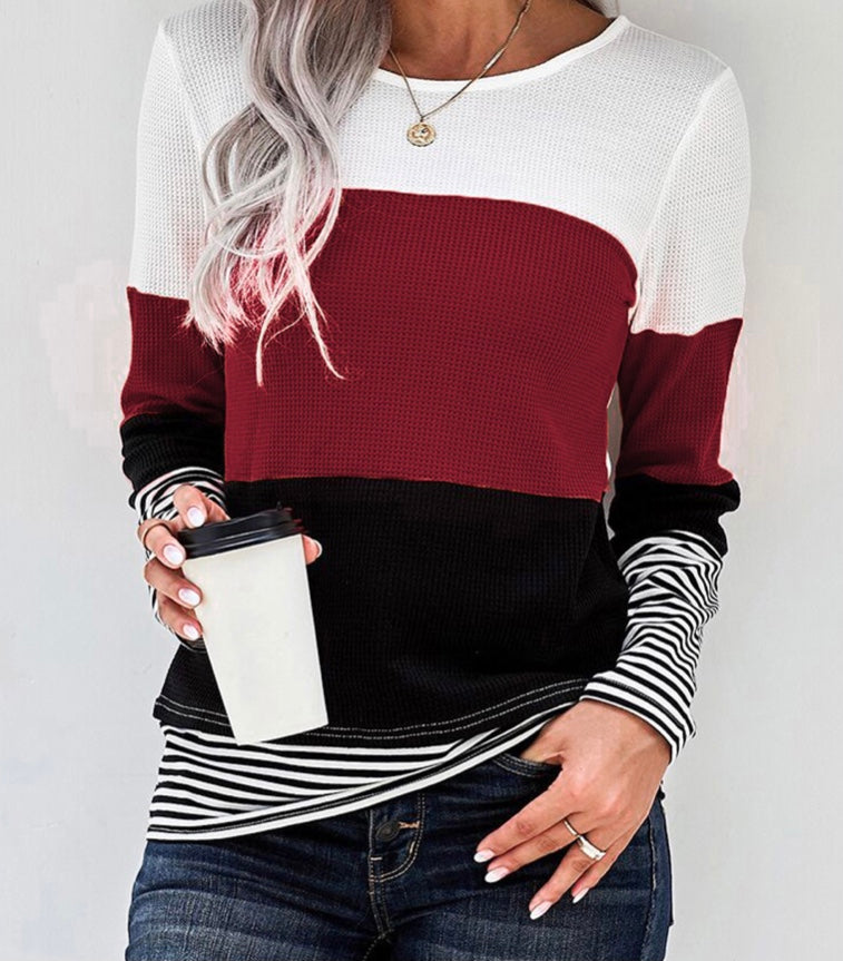 Stylish color block striped red long sleeve top