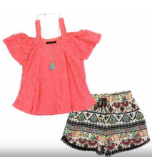 Load image into Gallery viewer, Girls 3 piece short outfit with necklace
