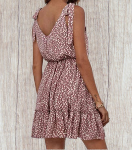 Dusty pink leopard print knotted shoulder dress