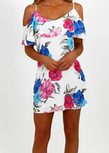Load image into Gallery viewer, White floral cold shoulder dress
