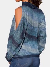 Load image into Gallery viewer, Blue striped high neck cold shoulder long sleeve top
