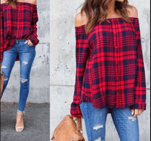 Load image into Gallery viewer, Off shoulder black/red plaid long sleeve top
