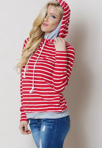 Plus size fleece knit drawstring striped hoodie