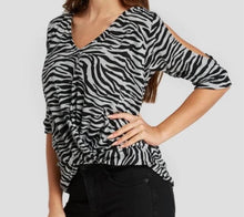 Load image into Gallery viewer, Grey zebra print cold shoulder top with crossed front
