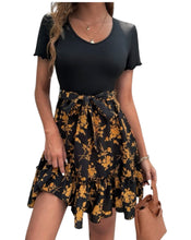 Load image into Gallery viewer, Black short sleeve floral A-line dress with ruffle
