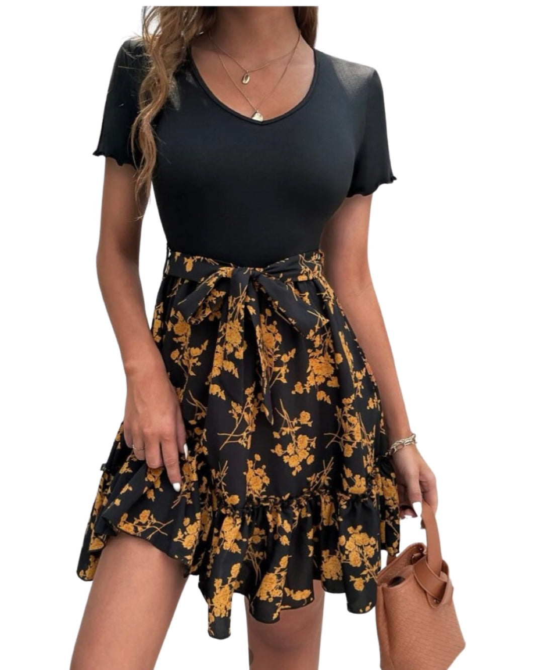 Black short sleeve floral A-line dress with ruffle