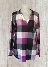 Load image into Gallery viewer, Purple v-neck long sleeve plaid shirt
