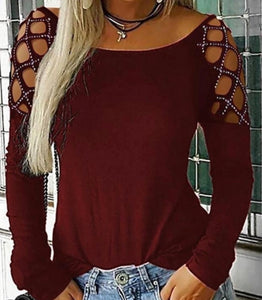 Wine red long sleeve top with cutout design and sequins