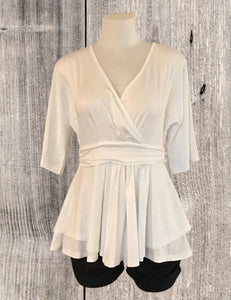 White crossover 1/2 sleeve blouse with waistband