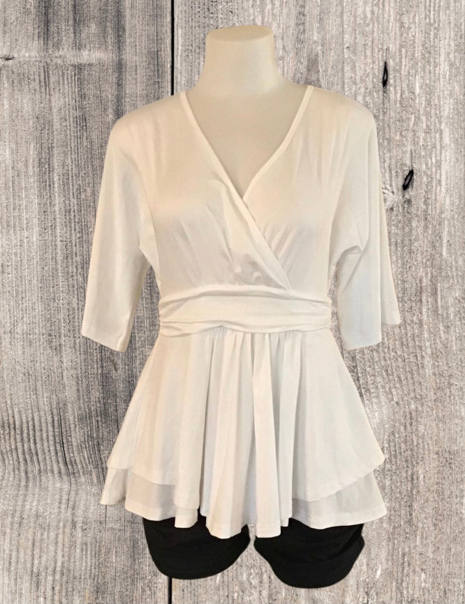 White crossover 1/2 sleeve blouse with waistband