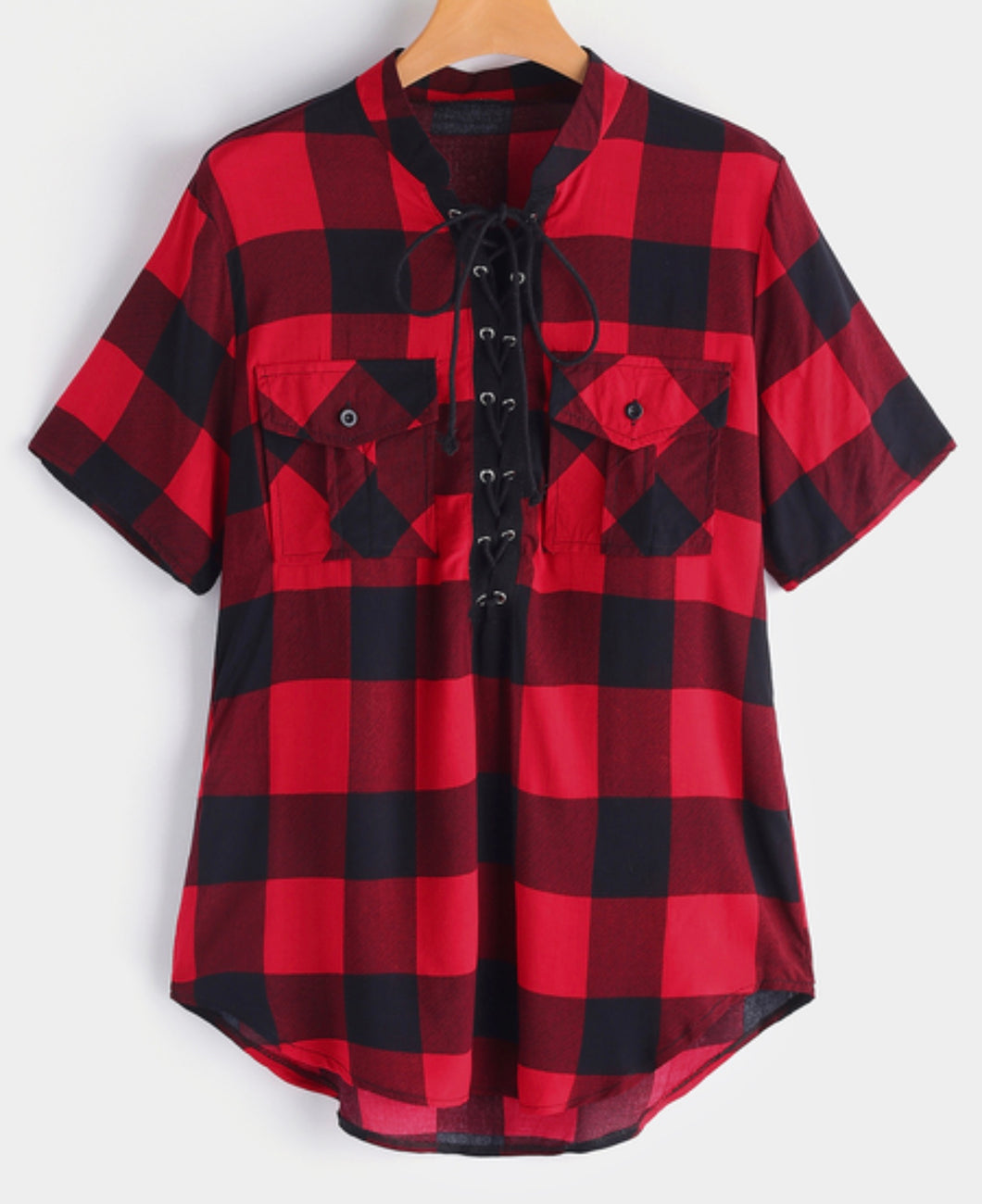 Lightweight red plaid short sleeve blouse