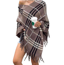 Load image into Gallery viewer, Brown striped poncho with tassels.
