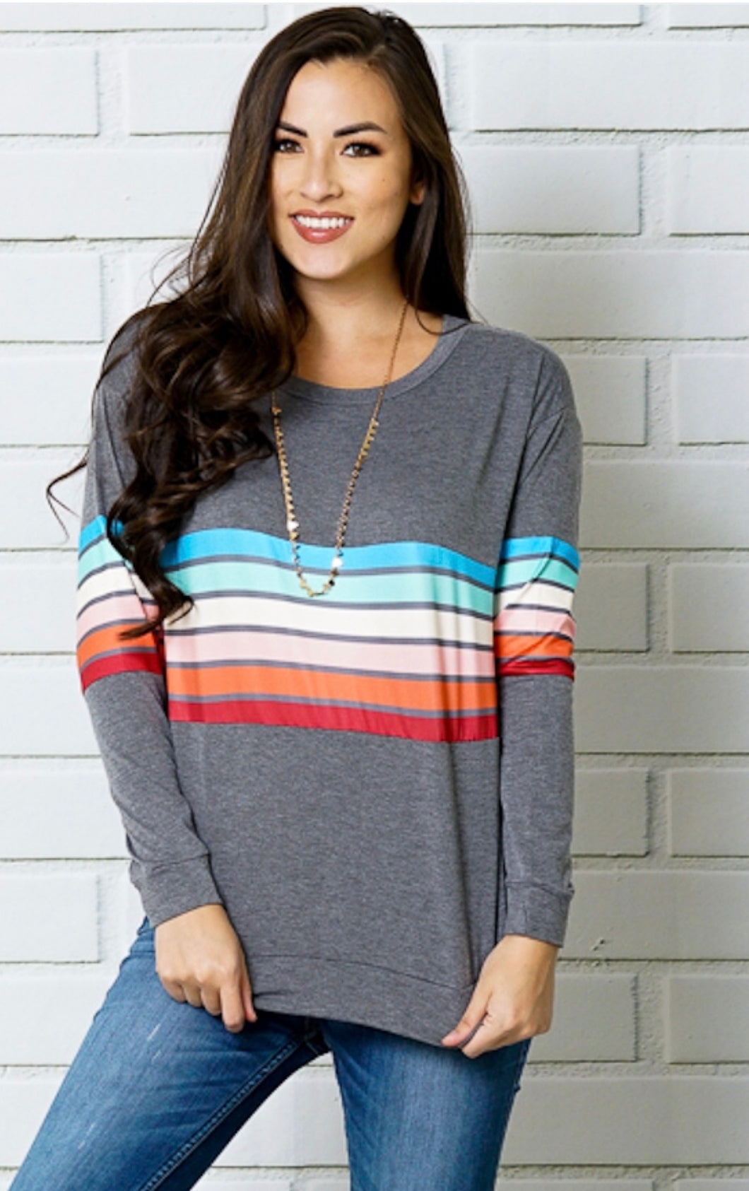 Multi-color striped panel long sleeve top