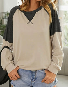 Beige color block long sleeve top