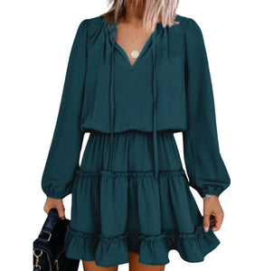 Green v-neck long sleeve tiered dress