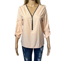 Load image into Gallery viewer, Peach blouse with zipper and button up sleeves
