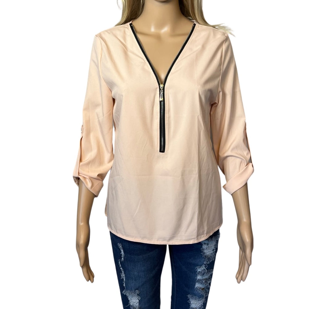 Peach blouse with zipper and button up sleeves