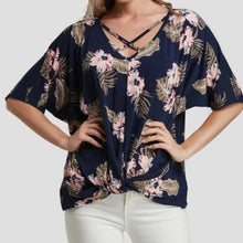 Load image into Gallery viewer, Navy floral criss cross top with twisted hem
