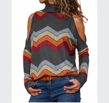 Load image into Gallery viewer, High neck cold shoulder striped top
