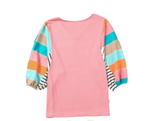 Load image into Gallery viewer, Pink v neck top with multi coloured striped dolman sleeves
