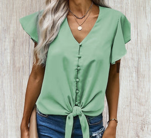 Tie up blouse with short fluttering sleeve