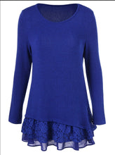 Load image into Gallery viewer, Blue long sleeve sweater with floral lace trim
