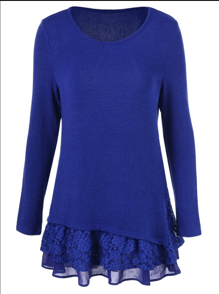 Blue long sleeve sweater with floral lace trim