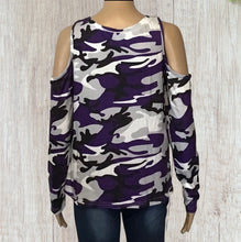 Load image into Gallery viewer, Long sleeve purple camouflage cold shoulder top
