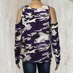 Long sleeve purple camouflage cold shoulder top